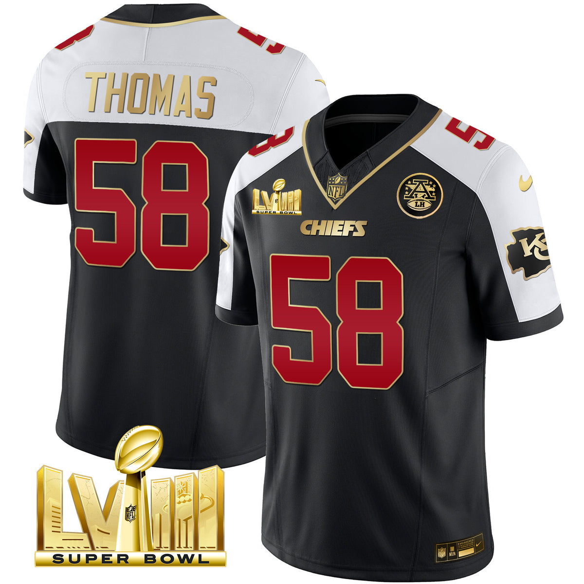 Men's Chiefs Super Bowl LVIII Gold Patch Vapor Jersey - All Stitched - Black Alternate - Derrick Thomas — view 1