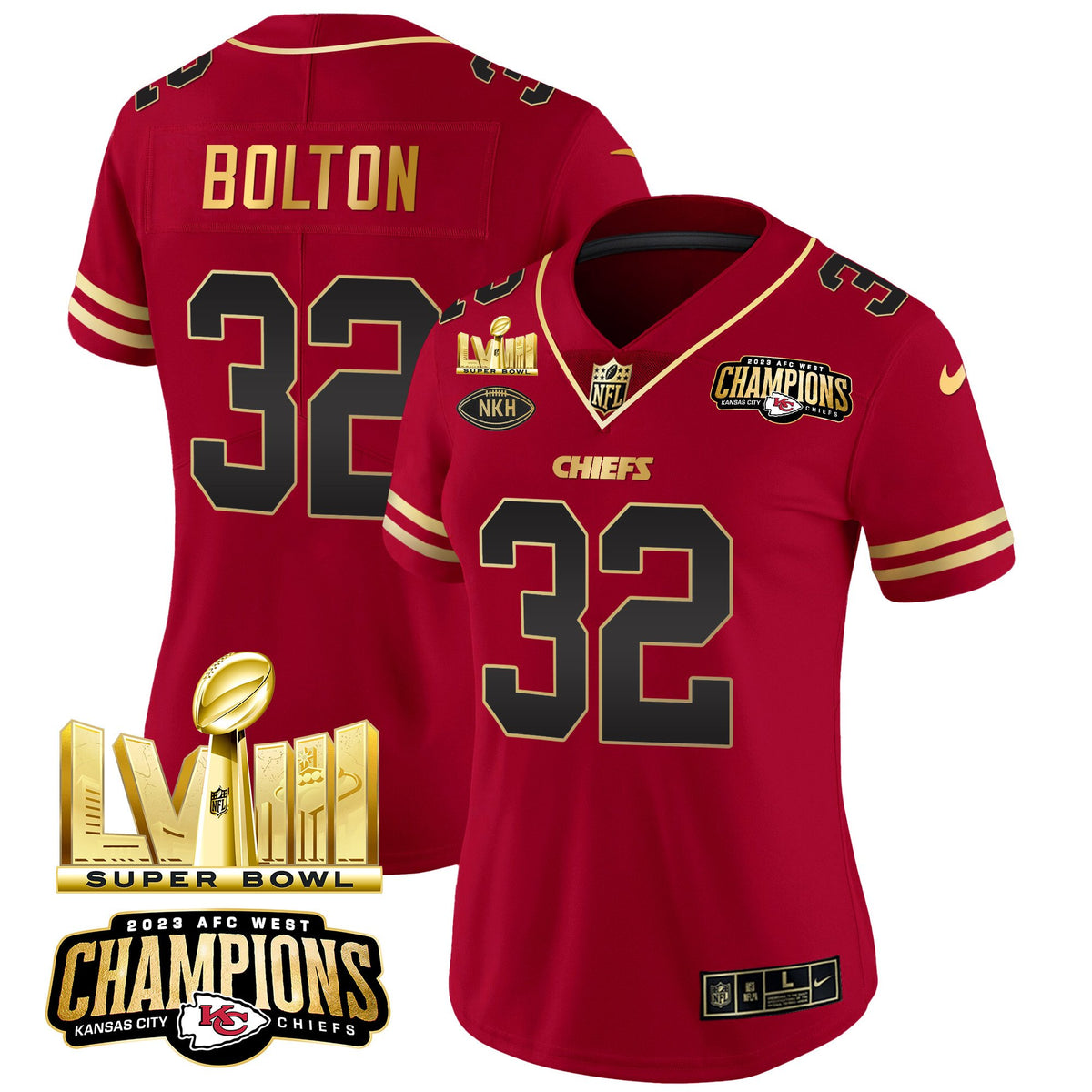 Women's Chiefs AFC West Champions & Super Bowl LVIII Gold Patch Vapor Jersey - All Stitched - Black Red - Nick Bolton — view 1
