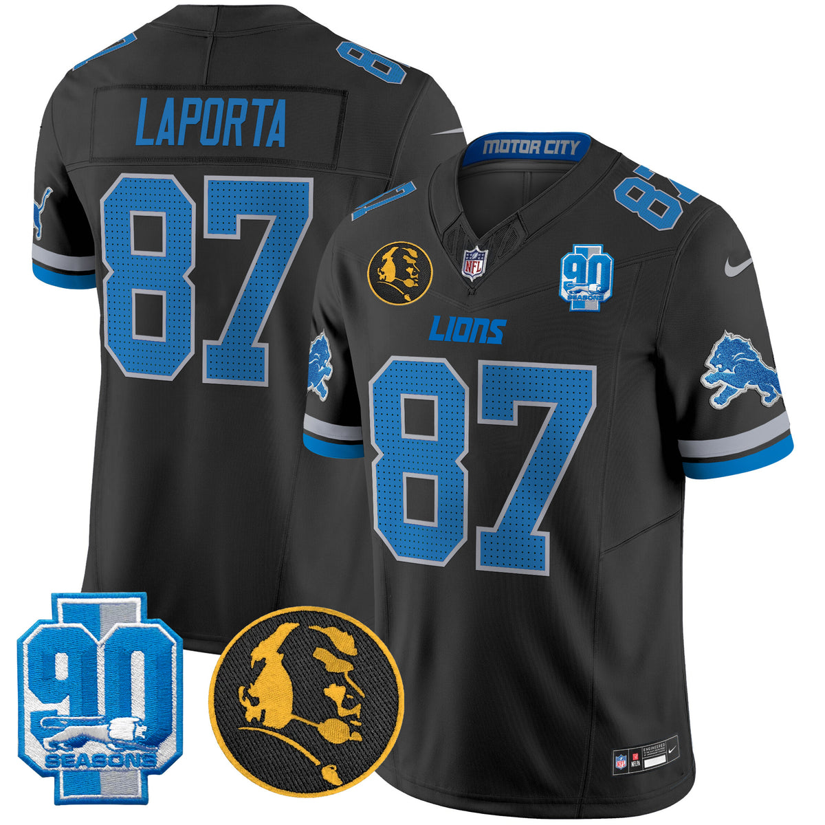 Men's Detroit Lions 2024 90th & John Madden Patch Vapor Limited Jersey V2 - All Stitched - Black - Sam Laporta — view 1