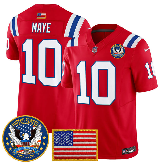 Men's New England Patriots United States 250th Anniversary Patch Vapor Limited Jersey - All Stitched - Red - Drake Maye — view 1