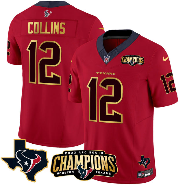 Men's Houston Texans 2023 AFC South Champions Patch Gold Trim Vapor Jersey - All Stitched - Red - Nico Collins — view 1