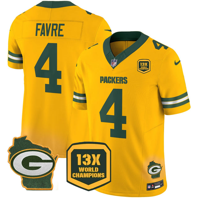 Men's Packers 13 Time World Champions & Home Patch Vapor Jersey – All Stitched - Gold - Brett Favre — view 1