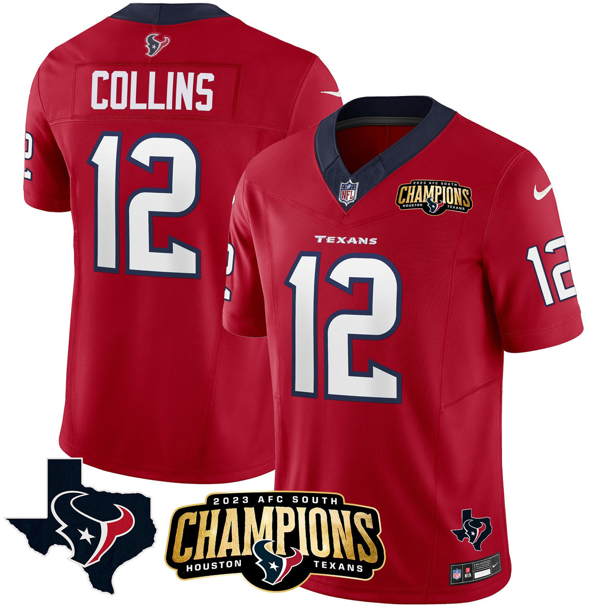 Men's Houston Texans 2023 AFC South Champions Patch Vapor Jersey - All Stitched - Red - Nico Collins — view 1