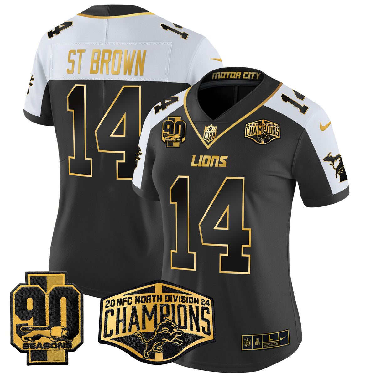 Women's Detroit Lions 2024 NFC North Division Champions Patch Gold Vapor Limited Jersey - All Stitched - Alternate - St. Brown — view 1