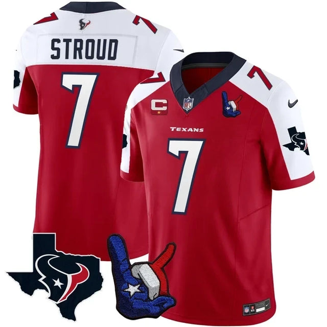 CJ Stroud Houston Texans Hand Sign Throwing Up The H Vapor Jersey - All Stitched - Red Alternate — view 1