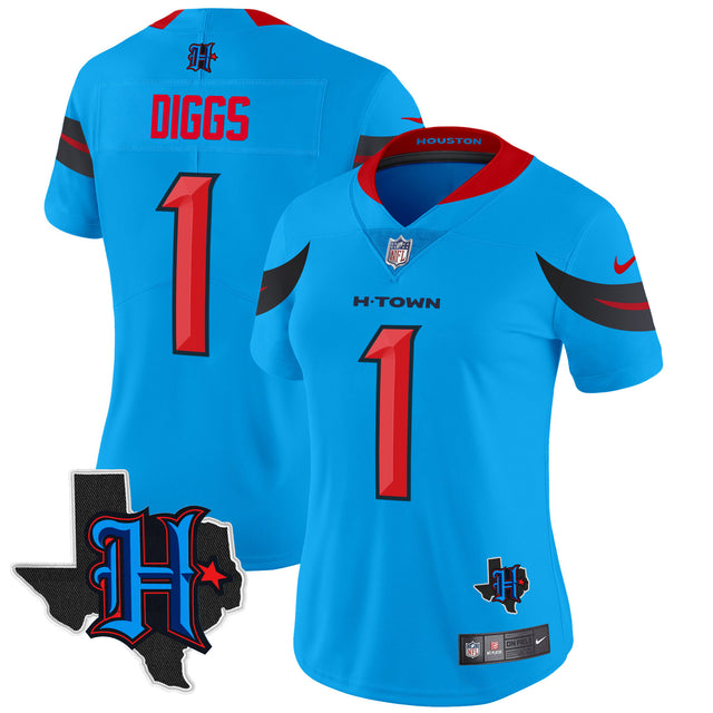 Women's Houston Texans 2024 Texas Patch Vapor Limited Jersey V3 - All Stitched - Blue - Stefon Diggs — view 1