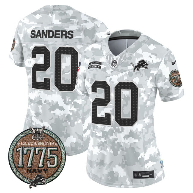Women's Detroit Lions 2024 Salute to Service Establishment Year Patch Vapor Limited Jersey - All Stitched - Navy - Barry Sanders — view 1