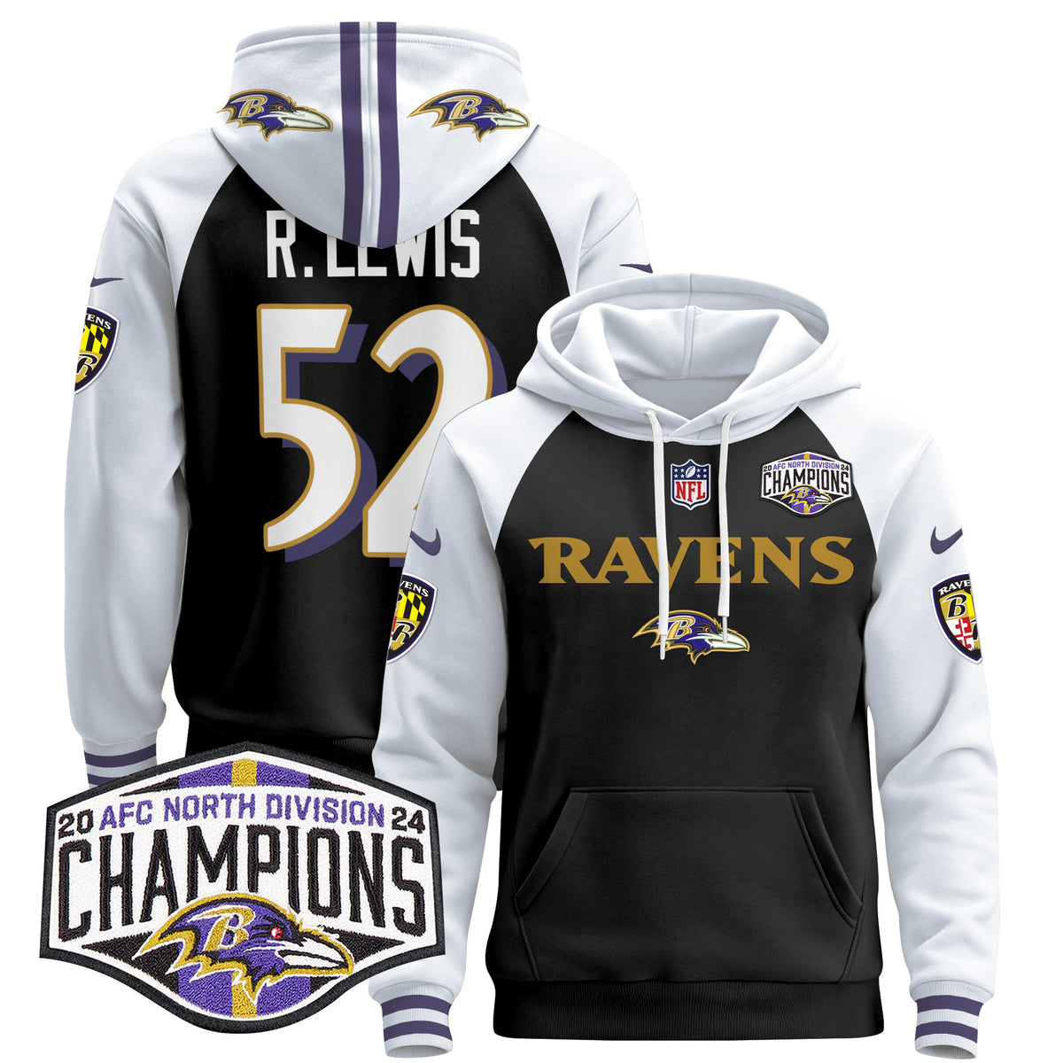 Men's Baltimore Ravens 2024 AFC North Division Champions Patch Pullover Hoodie - All Stitched - Black Alternate - Ray Lewis — view 1