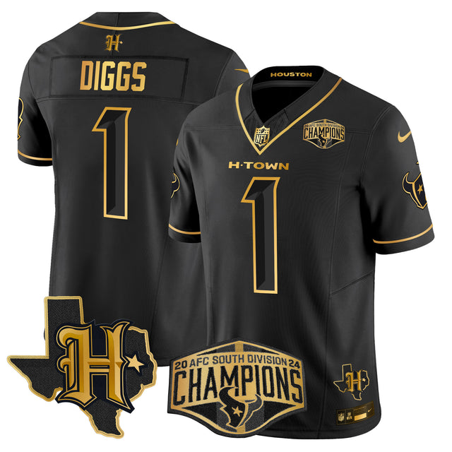 Men's Houston Texans 2024 AFC South Division Champions Patch Gold Vapor Limited Jersey - All Stitched - Black Gold - Stefon Diggs — view 1
