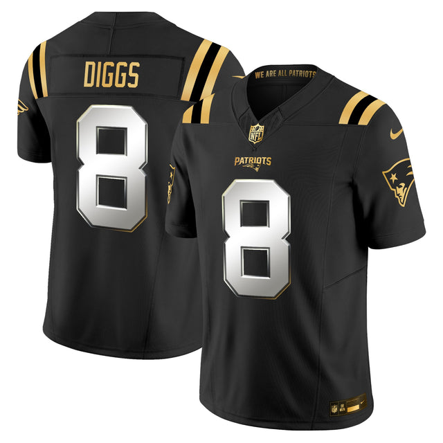 Men's New England Patriots 2025 Gold Vapor Limited Jersey - All Stitched - Black Limited - Stefon Diggs — view 1