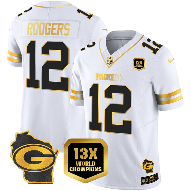 Men's Packers 13 Time World Champions & Home Patch Gold Vapor Jersey – All Stitched - White Gold - Aaron Rodgers — view 1