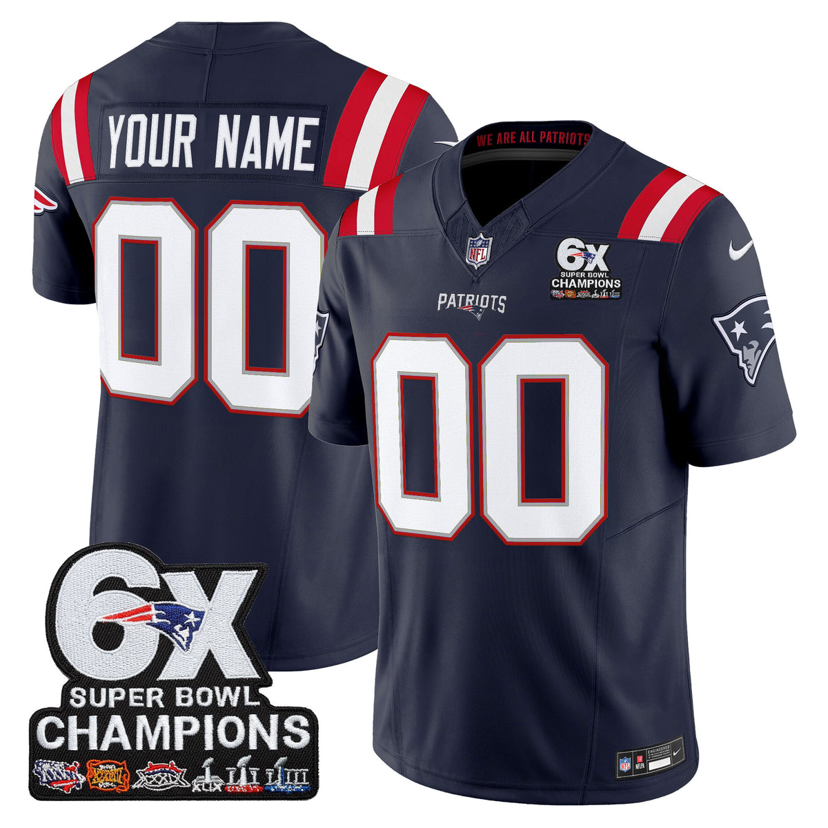 New England Patriots 6-Time Champions Patch Vapor Limited Custom Jersey - All Stitched - Navy — view 1