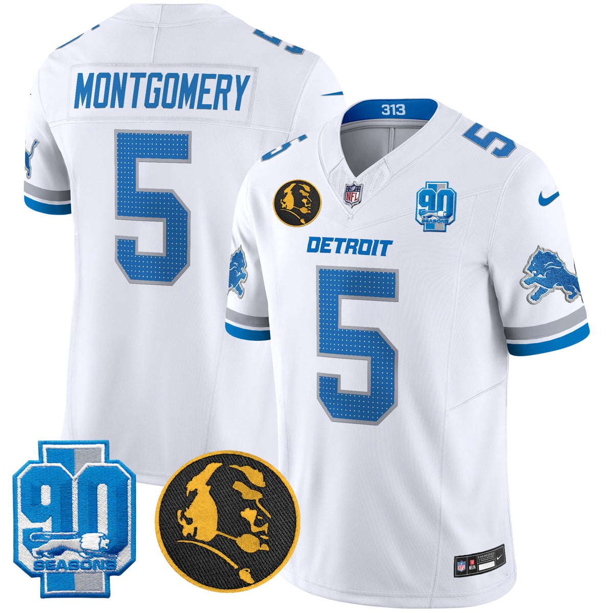 Men's Detroit Lions 2024 90th & John Madden Patch Vapor Limited Jersey V2 - All Stitched - White - David Montgomery — view 1