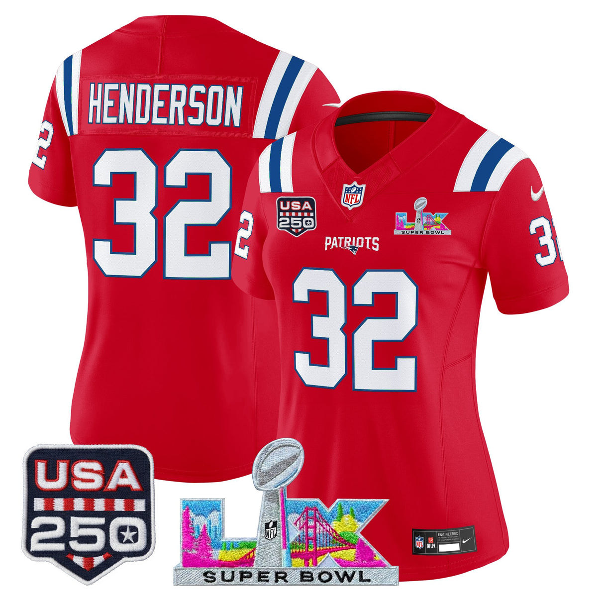 Women's New England Patriots Super Bowl LX & United States 250th Anniversary Patch Vapor Limited Jersey - ~63b3501f - Red - TreVeyon Henderson — view 1