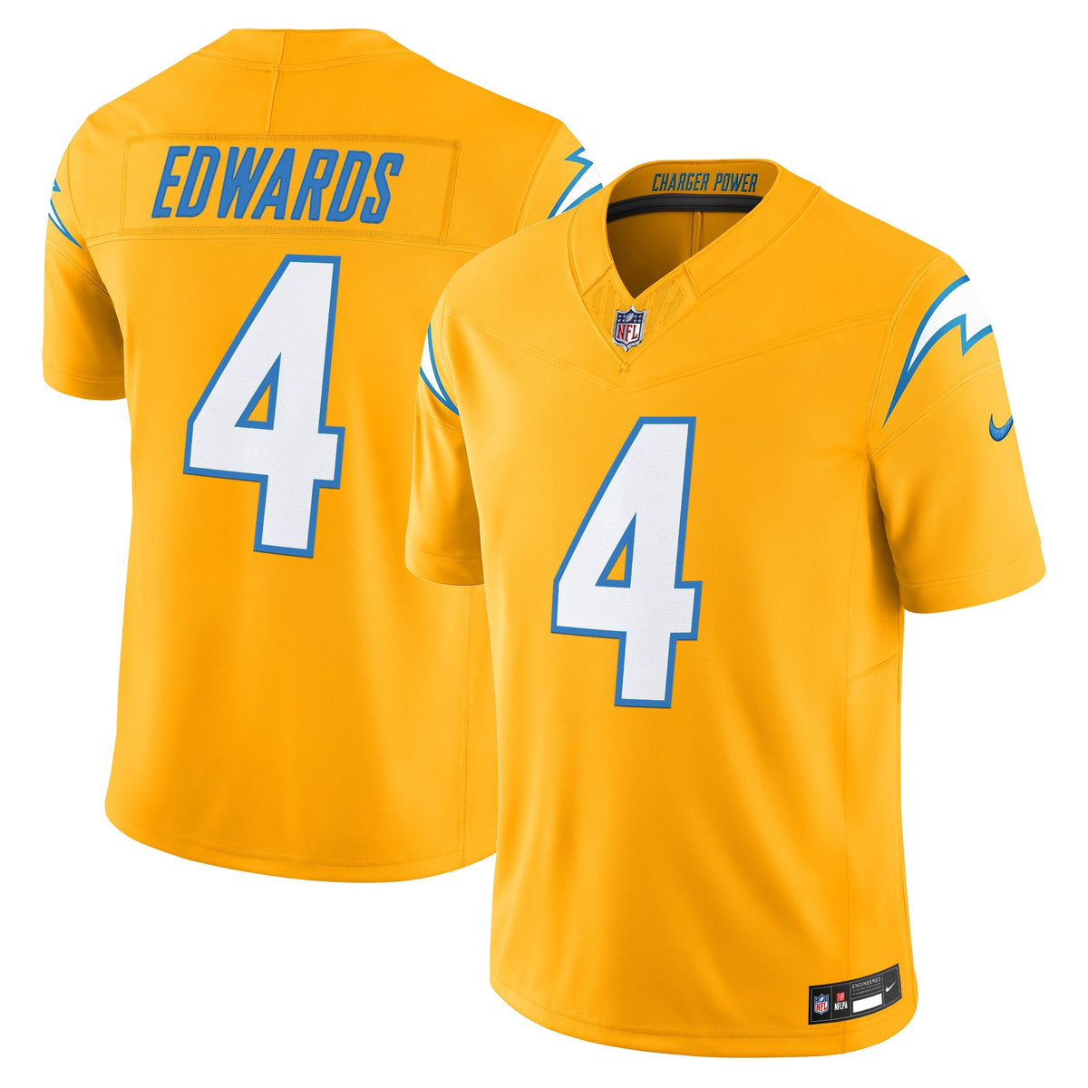 Men's Los Angeles Chargers 2025 Alternate Charger Power Vapor Limited Jersey - All Stitched - Gold - Gus Edwards — view 1