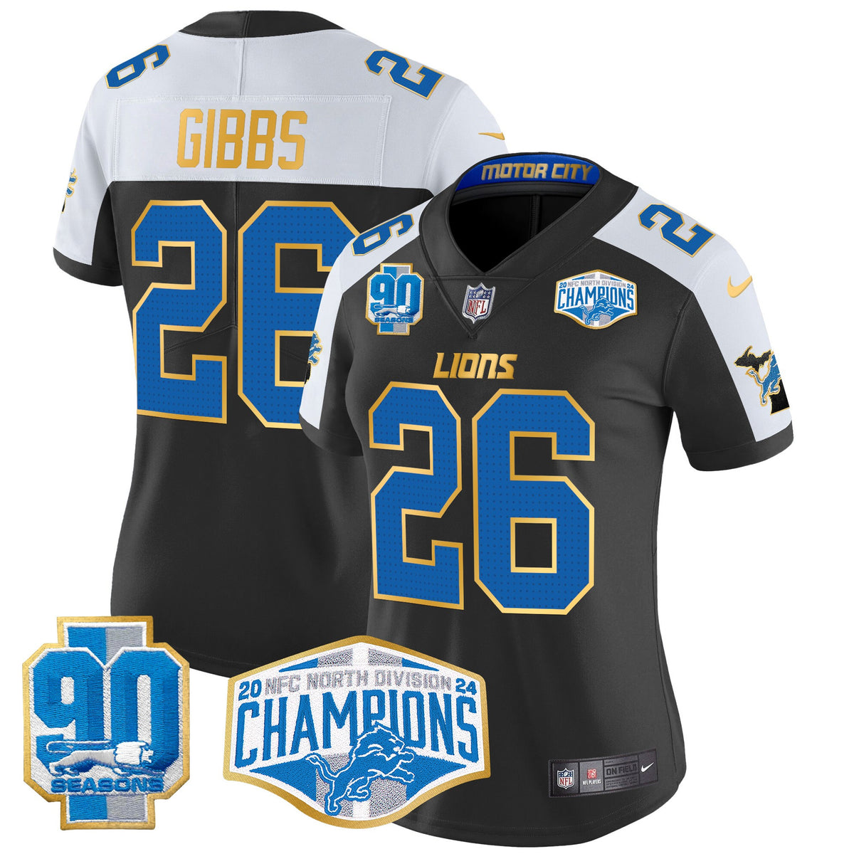 Women's Detroit Lions 2024 NFC North Division Champions Patch Gold Trim Vapor Limited Jersey - All Stitched - Black Alternate - Jahmyr Gibbs — view 1