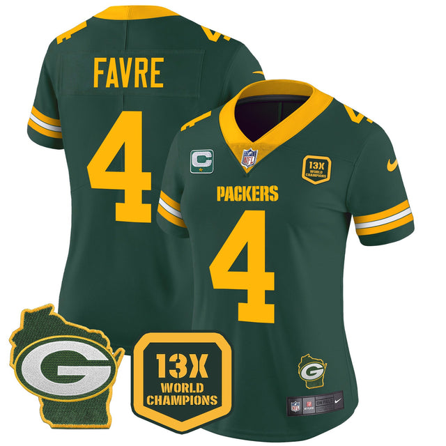 Women's Packers 13 Time World Champions & Home Patch Vapor Jersey – All Stitched - Green - Brett Favre — view 1