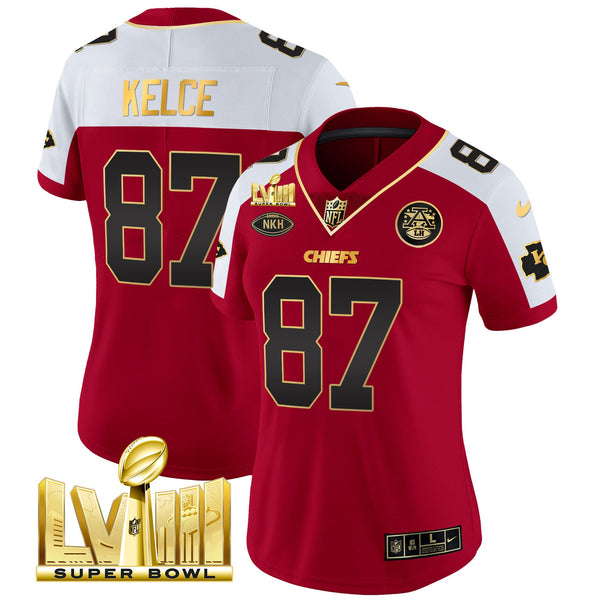 Women's Chiefs Super Bowl LVIII Gold Patch Vapor Jersey V2- All Stitched - Red Alternate - Travis Kelce — view 1