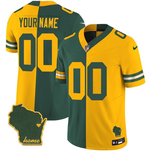 Green Bay Packers Custom Split Jersey - All Stitched - Green Yellow — view 1