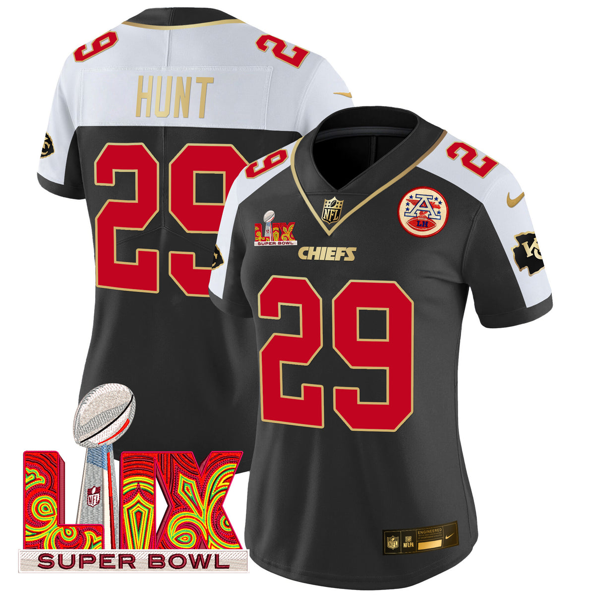 Women's Chiefs Super Bowl LIX Patch Gold Trim Vapor Limited Jersey - All Stitched - Black Alternate - Kareem Hunt — view 1