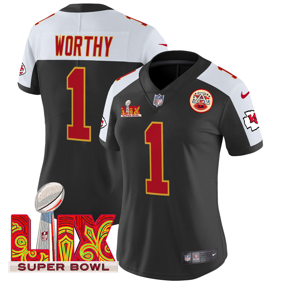 Women's Chiefs Super Bowl LIX Patch Vapor Limited Jersey - All Stitched - Black Alternate - Xavier Worthy — view 1