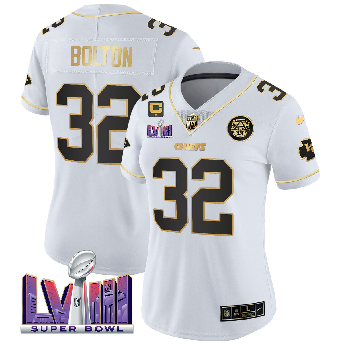 Women's Chiefs Super Bowl LVIII Patch Vapor Jersey V4 - All Stitched - White Gold - Nick Bolton — view 1