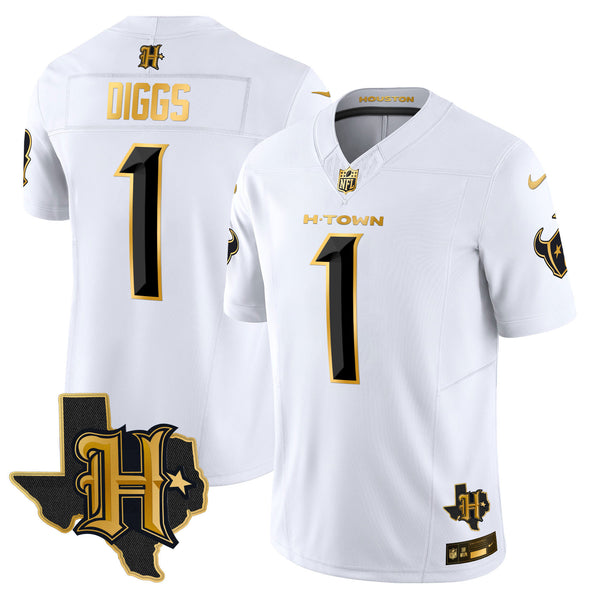 Men's Houston Texans 2024 Texas Patch Gold Vapor Limited Jersey - All Stitched - White Gold - Stefon Diggs — view 1