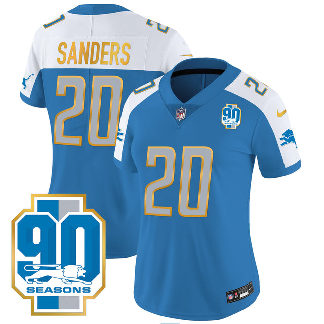 Women's Detroit Lions 90th Year Patch Gold Trim Jersey - All Stitched - Blue Alternate - Barry Sanders — view 1