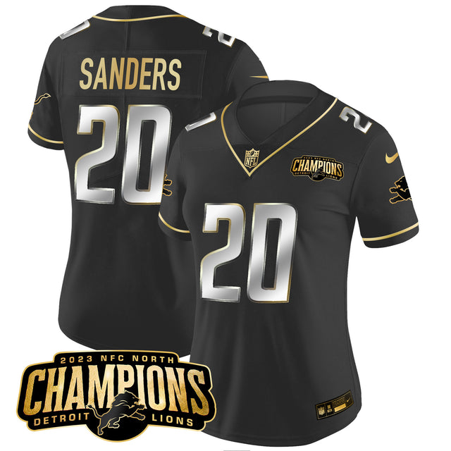 Women's Detroit Lions 2023 NFC North Champions Patch Gold Vapor Jersey - All Stitched - Black Limited - Barry Sanders — view 1