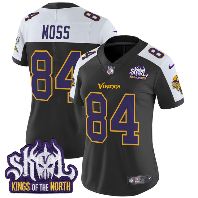 Women's Minnesota Vikings King Of The North Patch Throwback Vapor Limited Jersey - All Stitched - Black Alternate - Randy Moss — view 1