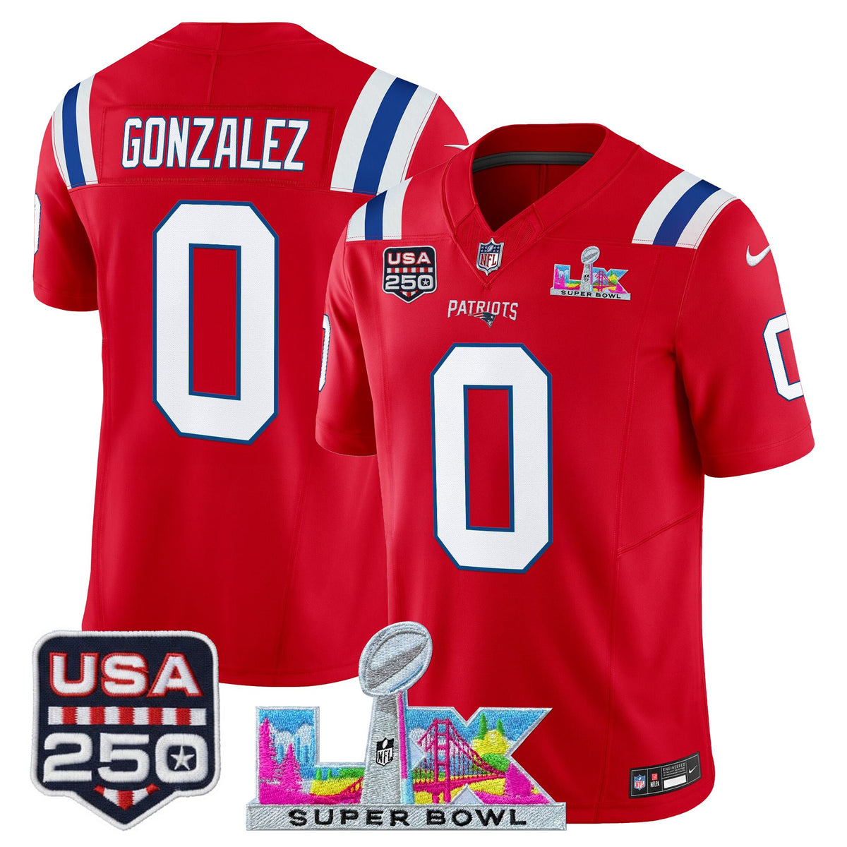 Men's New England Patriots Super Bowl LX & United States 250th Anniversary Patch Vapor Limited Jersey - All Stitched - Red - Christian Gonzalez — view 1