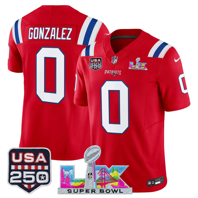 Men's New England Patriots Super Bowl LX & United States 250th Anniversary Patch Vapor Limited Jersey - All Stitched - Red - Christian Gonzalez — view 1