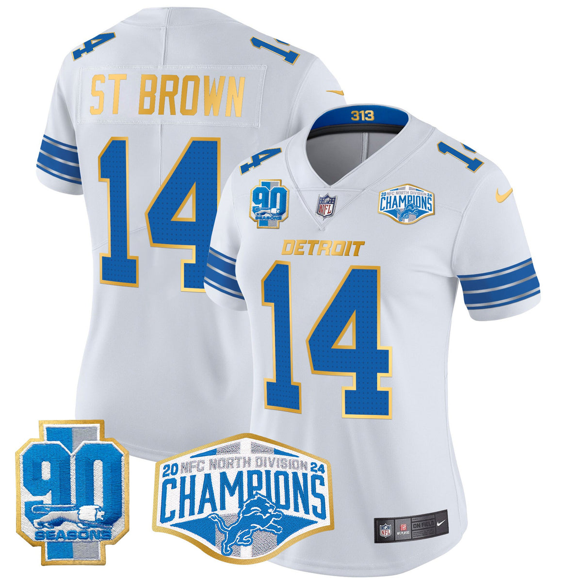 Women's Detroit Lions 2024 NFC North Division Champions Patch Gold Trim Vapor Limited Jersey - All Stitched - White - St. Brown — view 1
