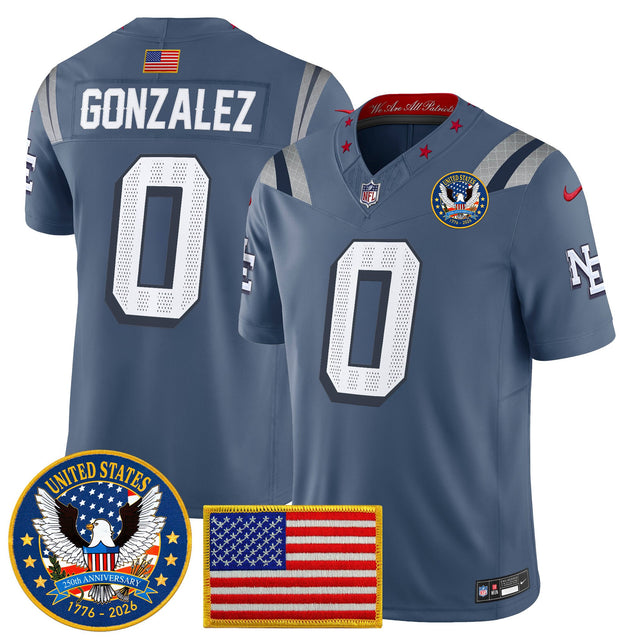 Men's New England Patriots United States 250th Anniversary Patch Vapor Limited Jersey - All Stitched - Storm Blue - Christian Gonzalez — view 1