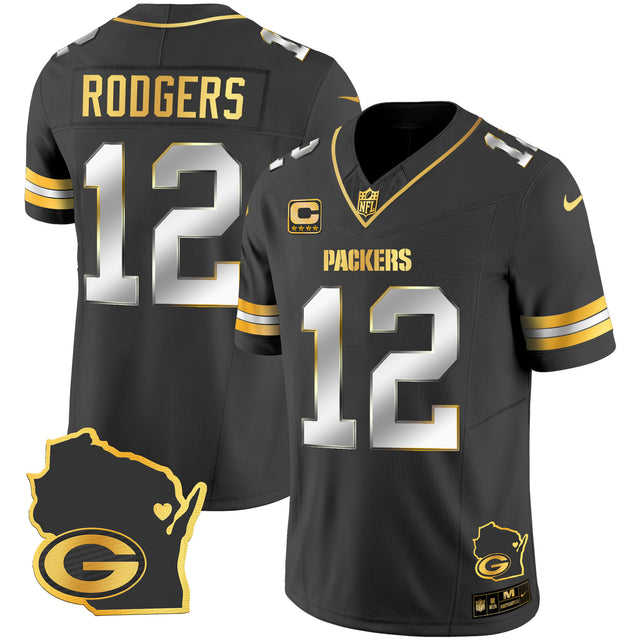 Men's Packers Home Patch Gold Vapor Jersey V2 - All Stitched - Black Limited - Aaron Rodgers — view 1