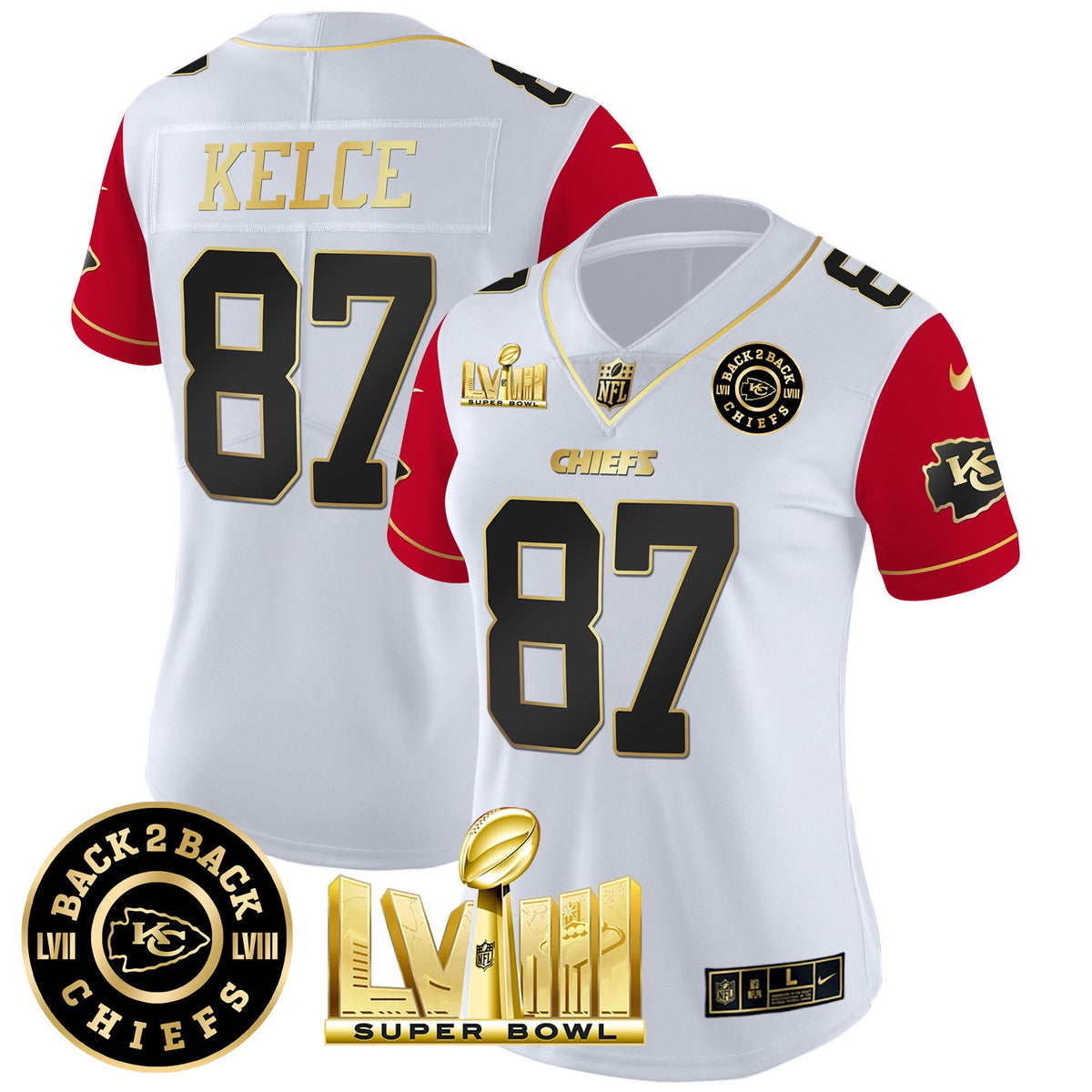 Women's Chiefs Super Bowl LVIII & Back 2 Back Patch Vapor Jersey V4 - All Stitched - Color Sleeves - Travis Kelce — view 1