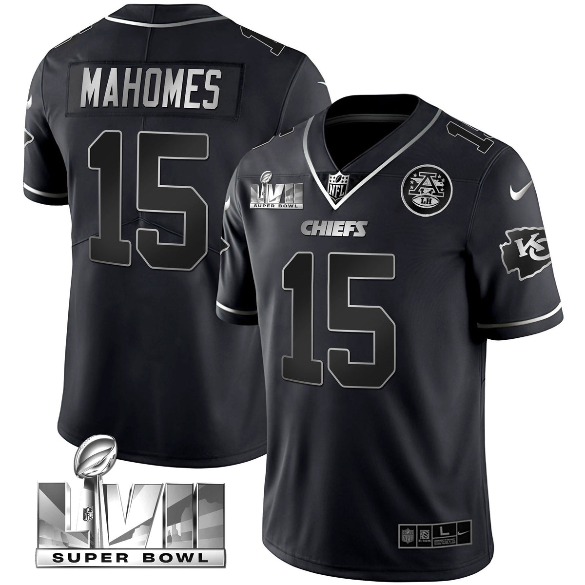 Men's Chiefs Super Bowl Vapor Gold Jersey - All Stitched - Black Silver - Patrick Mahomes — view 1
