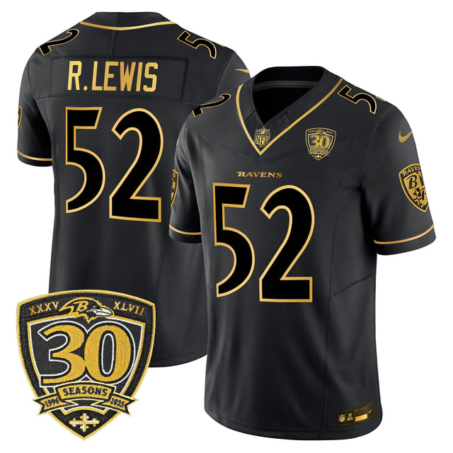 Men's Baltimore Ravens 2025 Gold Vapor Limited Jersey - 30th Anniversary Patch - All Stitched - Black Gold - Ray Lewis — view 1