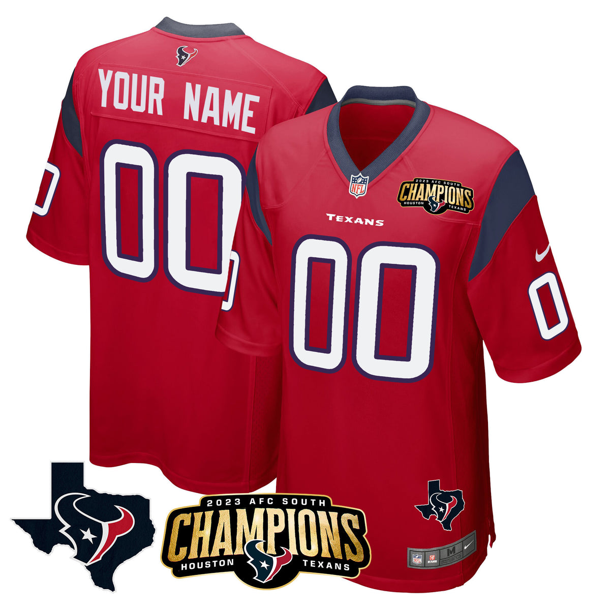 Houston Texans 2023 AFC South Champions Patch Game Custom Jersey - All Stitched - Red — view 1