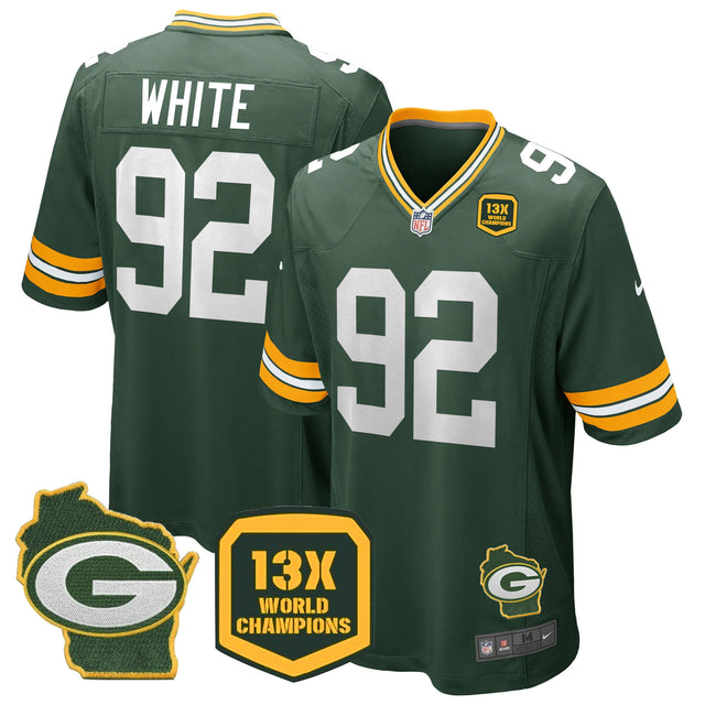 Men's Packers 13 Time World Champions & Home Patch Game Jersey – All Stitched - Green - Reggie White — view 1