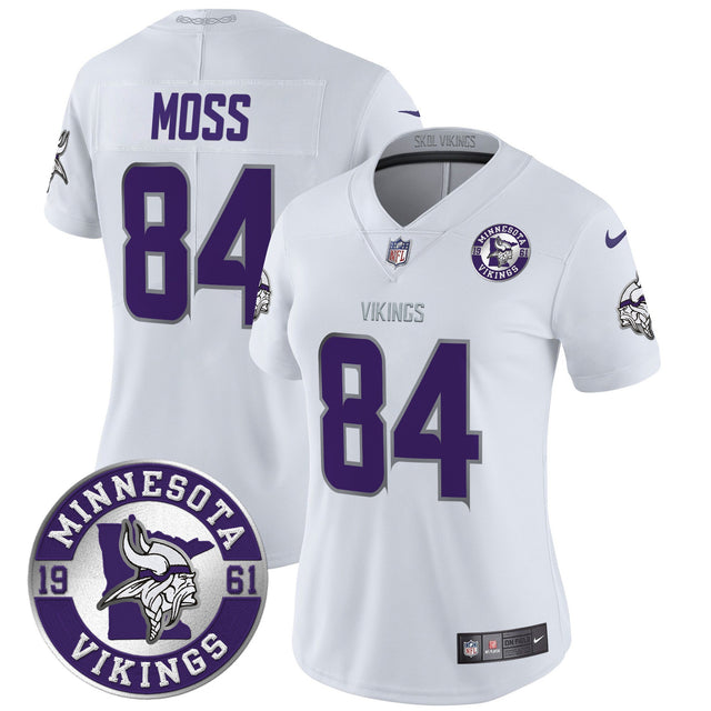 Women's Minnesota Vikings 2024 Vapor Limited Jersey - Est. 1961 Patch - All Stitched - White Limited - Randy Moss — view 1