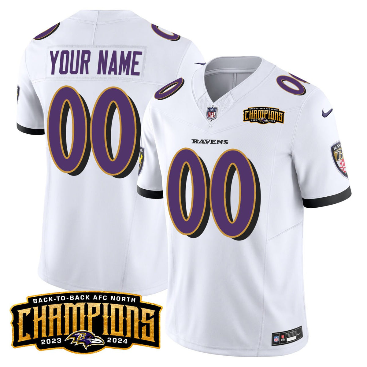 Baltimore Ravens Back To Back AFC North Champions 2023-2024 Custom Jersey - All Stitched - White — view 1