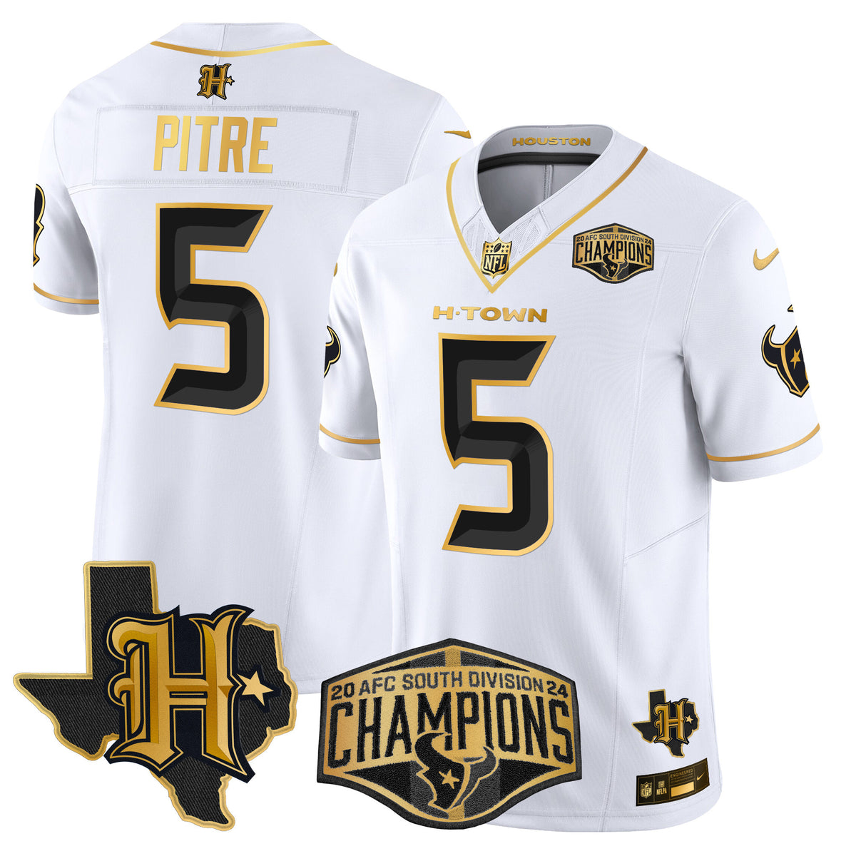 Men's Houston Texans 2024 AFC South Division Champions Patch Gold Vapor Limited Jersey - All Stitched - White Gold - Jalen Pitre — view 1