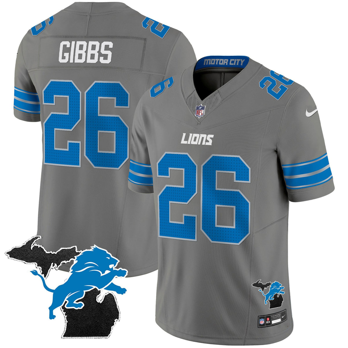 Men's Detroit Lions 2024 Michigan Patch Vapor Limited Jersey - All Stitched - Gray - Jahmyr Gibbs — view 1