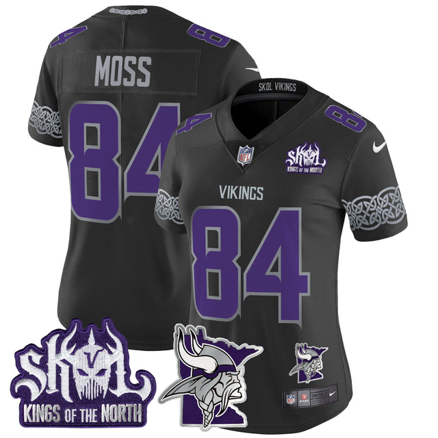 Women's Minnesota Vikings 2024 Winter Warrior Skol Patch Vapor Limited Jersey V2 - All Stitched - Black - Randy Moss — view 1