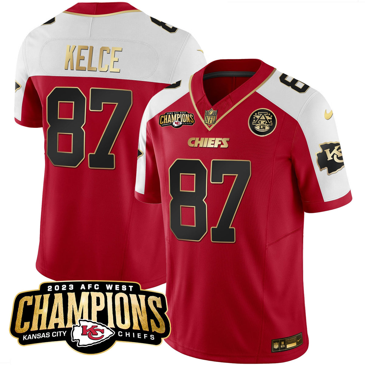 Men's Chiefs 2023 AFC West Champions Patch Vapor Limited Jersey V2 - All Stitched - Red Alternate - Travis Kelce — view 1