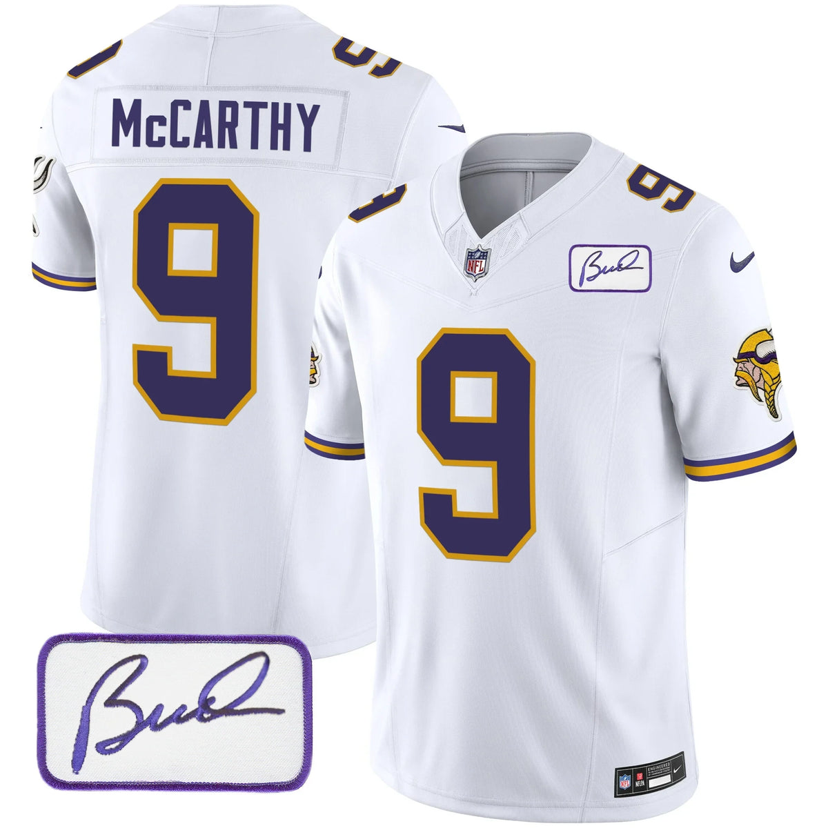 J.J. McCarthy Minnesota Vikings Jersey - All Stitched - White — view 1