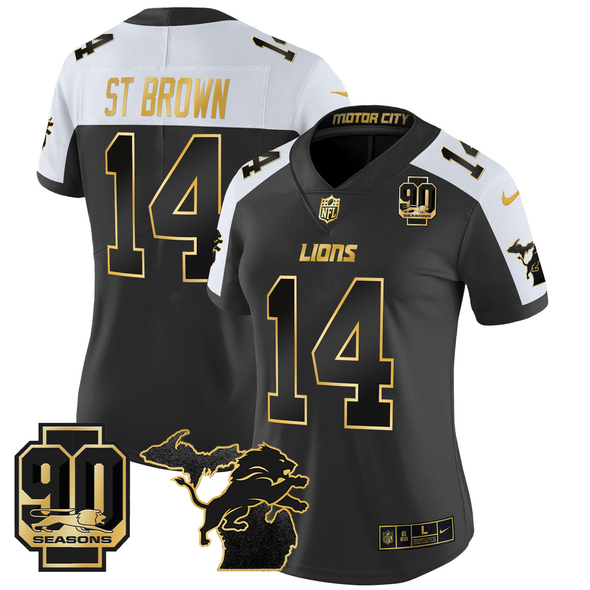 Women's Detroit Lions 2024 Michigan & 90th Year Patch Gold Vapor Limited Jersey - All Stitched - Alternate - St. Brown — view 1