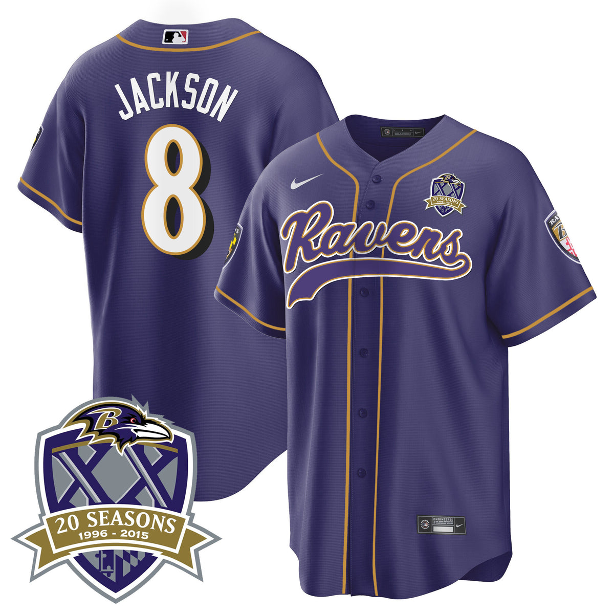 Men's Ravens 20th Season Patch Baseball Jersey - All Stitched - Purple - Lamar Jackson — view 1