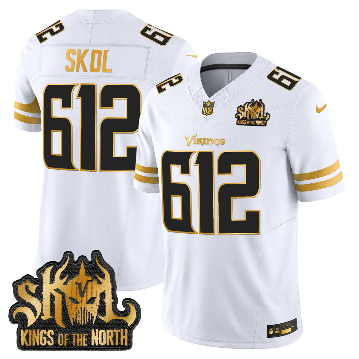 Men's Minnesota Vikings 2025 Gold Vapor Limited Jersey - Kings Of The North Patch - All Stitched - White Gold - Skol 612 — view 1